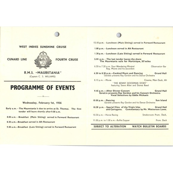 1956 Feb 1st RMS Mauretania Cunard Line Program Capt. C.S. Williams AB9 - Picture 2 of 2